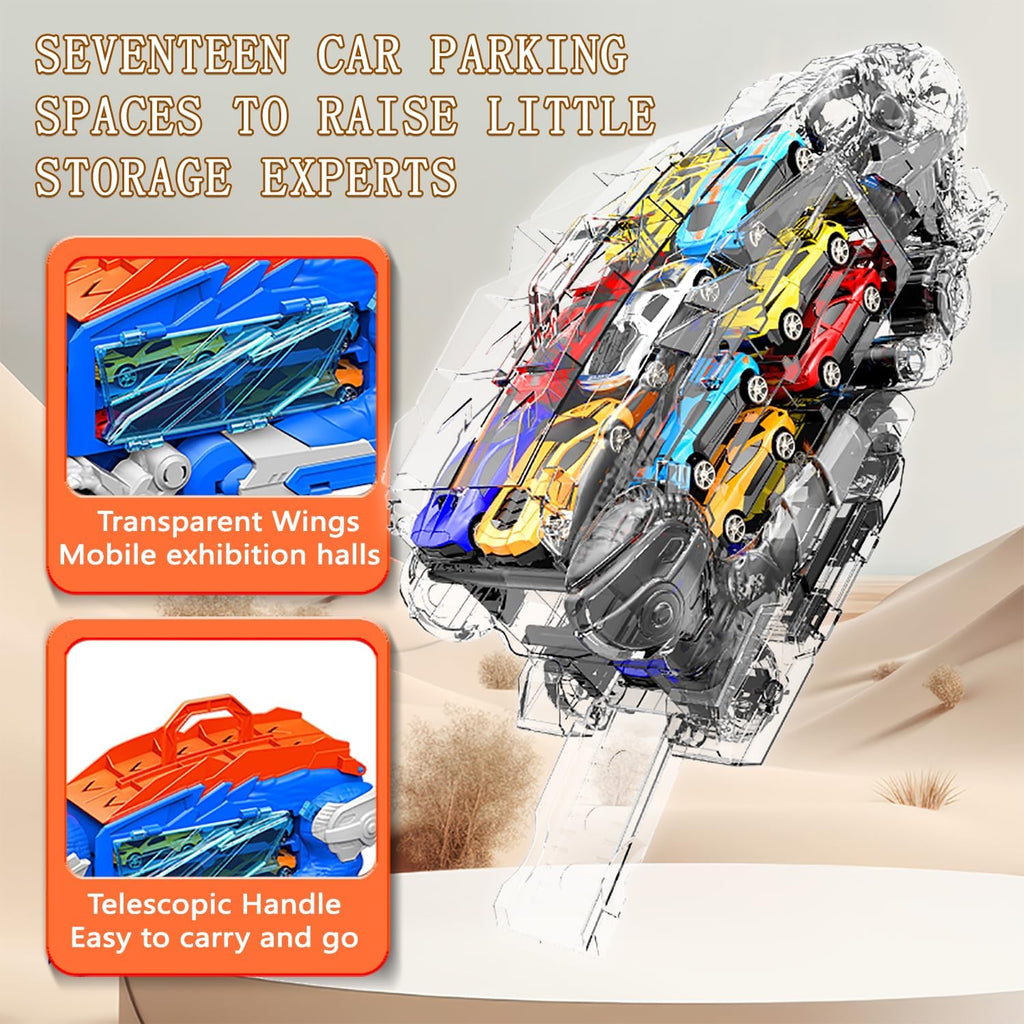 Dinosaur Truck Toy Garage, Racetrack, Transforming into a Dinosaur with Wings,