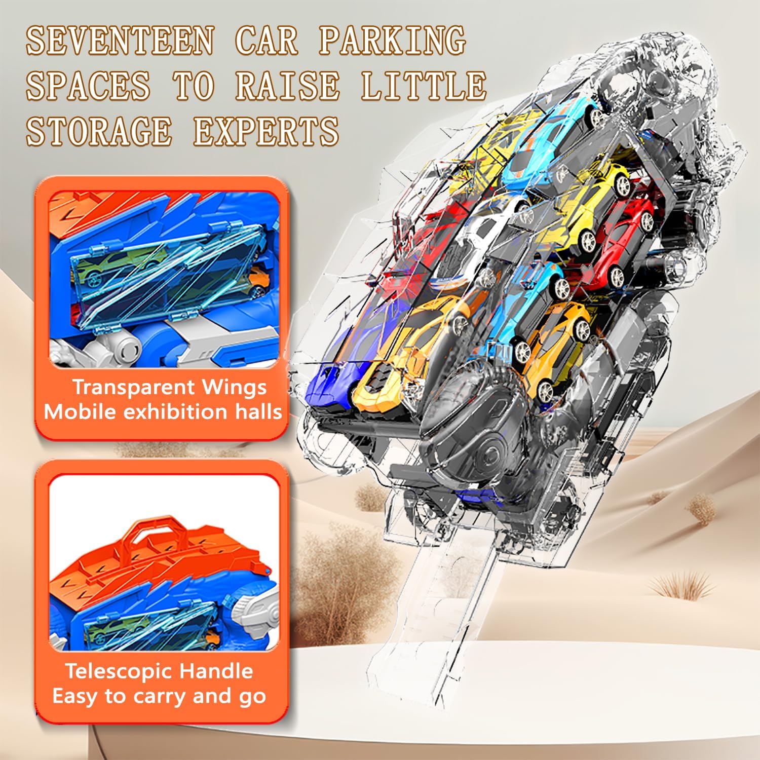 Dinosaur Truck Toy Garage, Racetrack, Transforming into a Dinosaur with Wings,