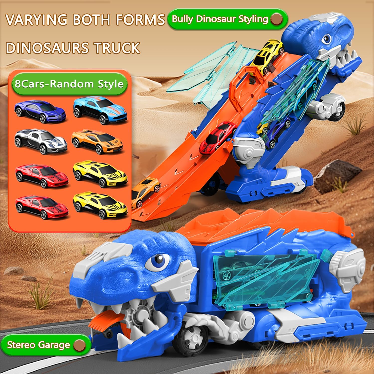 Dinosaur Truck Toy Garage, Racetrack, Transforming into a Dinosaur with Wings,