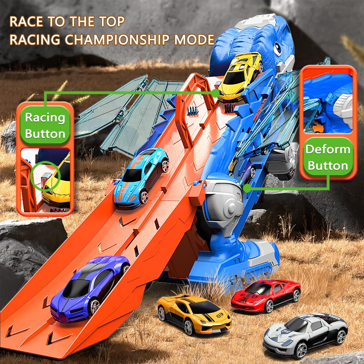 Dinosaur Truck Toy Garage, Racetrack, Transforming into a Dinosaur with Wings,