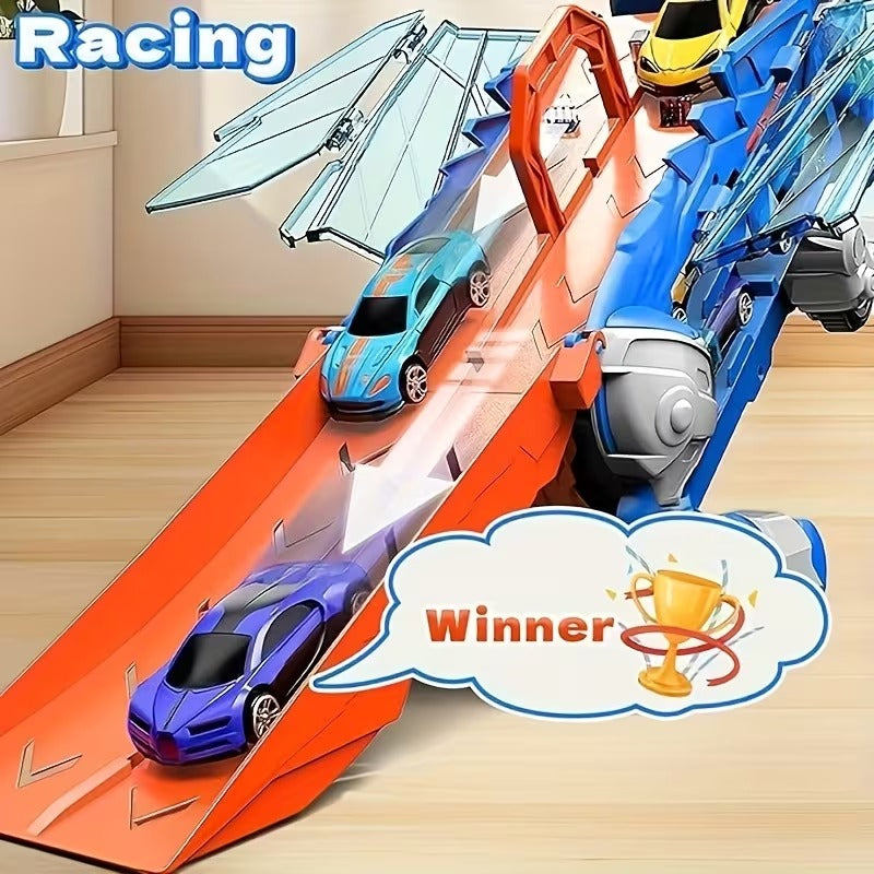 Dinosaur Truck Toy Garage, Racetrack, Transforming into a Dinosaur with Wings,